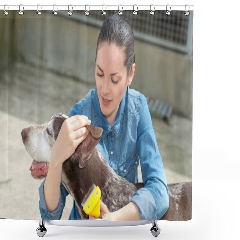 Personality  Lady Grooming Pointer Dog Shower Curtains