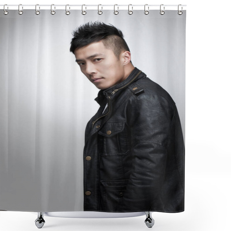 Personality  Korean Male In His 30s Wearing A Leather Jacket. Shower Curtains