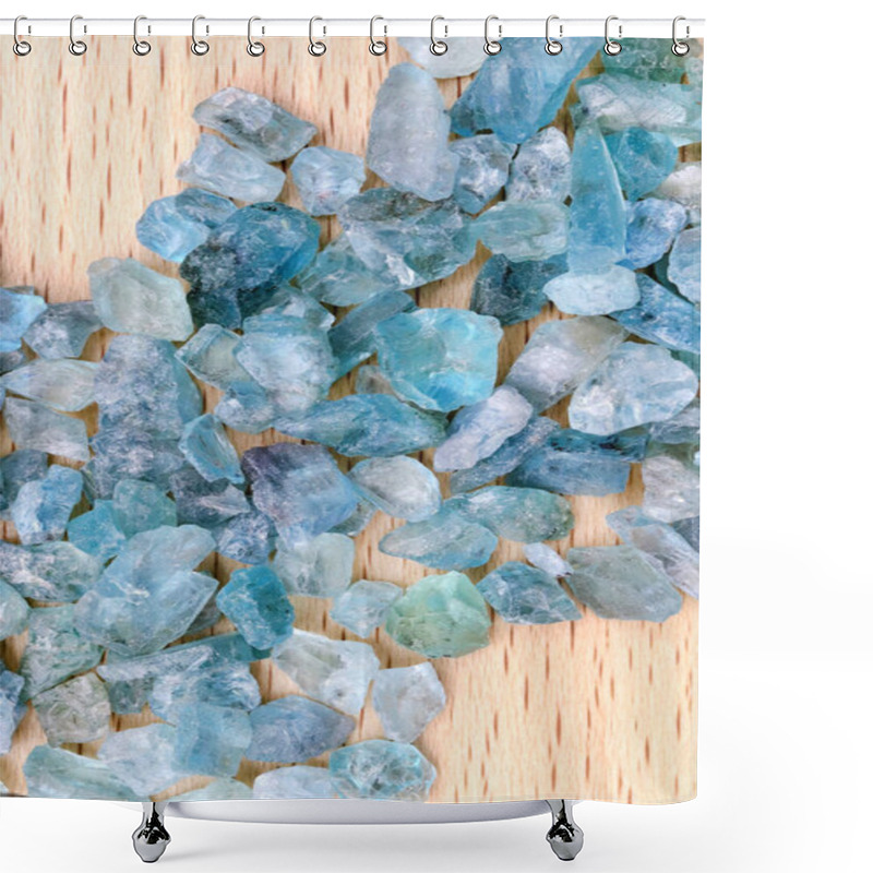 Personality  Apatite Jewel Stones Heap Up Texture On Light Varnished Wood Background Shower Curtains