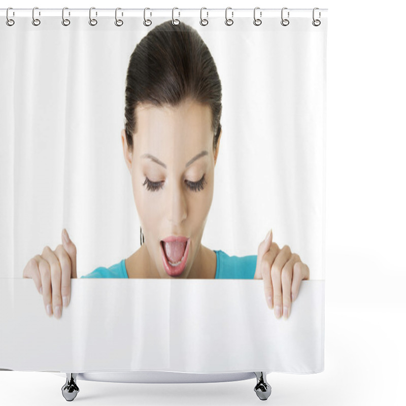 Personality  Shocked woman holding blank board shower curtains