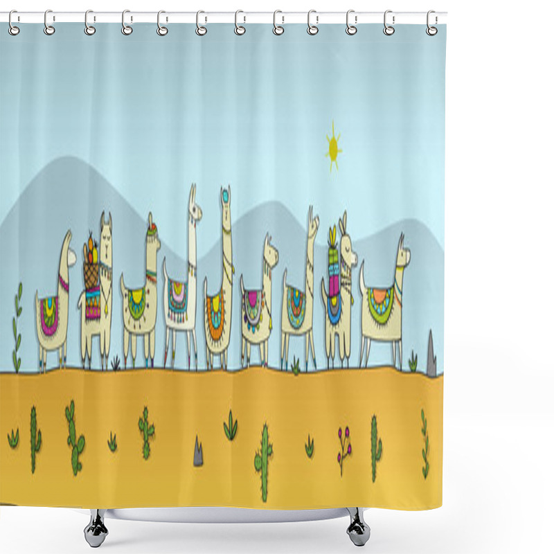 Personality  Cute Lamas Family In Desert. Sketch For Your Design Shower Curtains