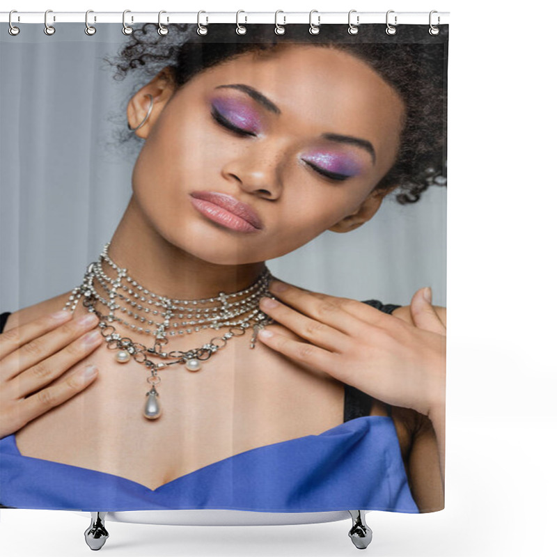 Personality  Curly African American Woman With Purple Eye Shadow And Closed Eyes Isolated On Grey Shower Curtains