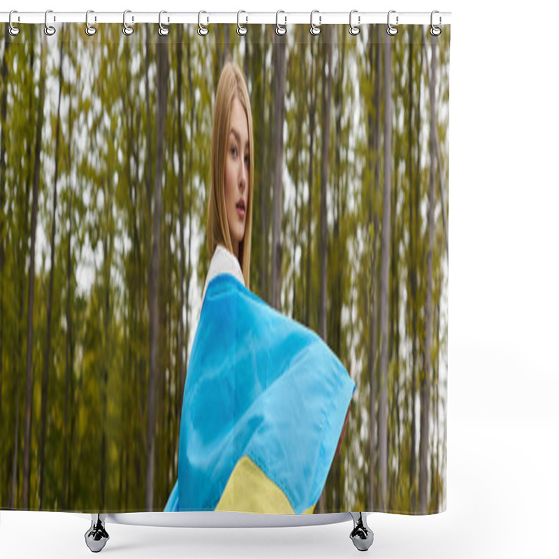 Personality  Back View Of Female Young Blonde Hiker, Holding The Ukrainian Flag And Turning To Camera, Banner Shower Curtains