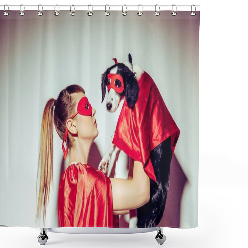 Personality  Side View Of Young Woman And Puppy In Superhero Costumes Shower Curtains