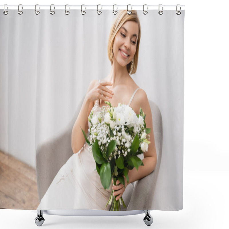 Personality  Cheerful And Elegant Bride In Wedding Dress Sitting In Armchair And Holding Bouquet On Grey Background, White Flowers, Bridal Accessories, Happiness, Special Occasion, Beautiful, Feminine, Blissful  Shower Curtains