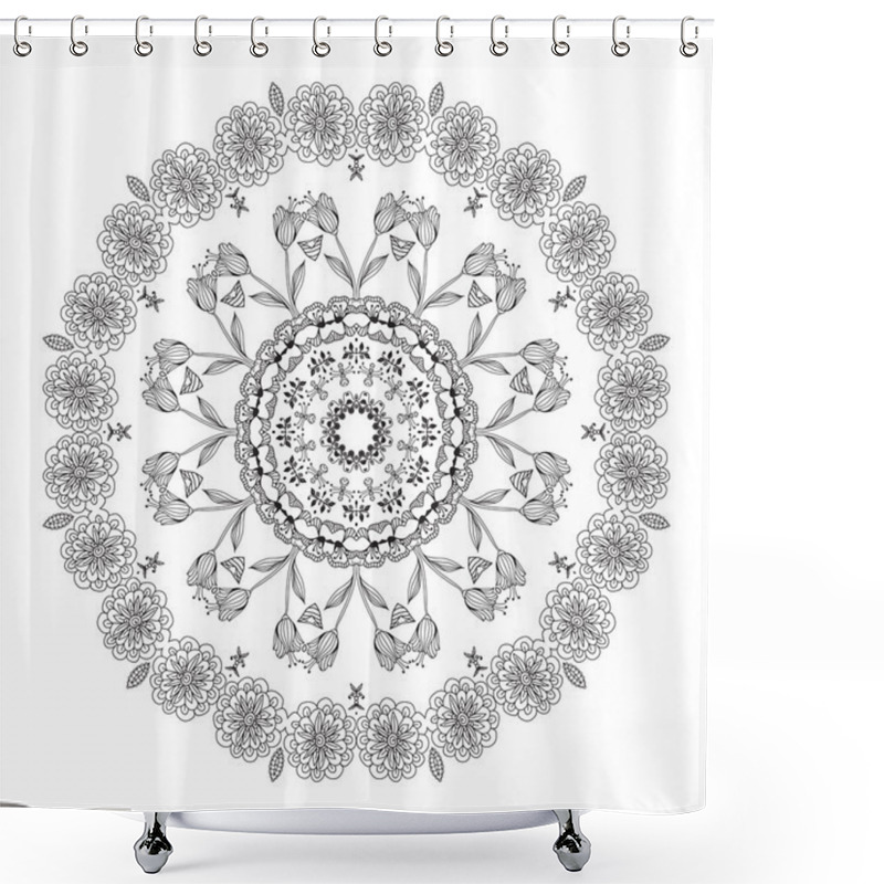 Personality  Vector Hand Drawn Black Floral Mandala Circle Ornament Isolated On The White Background.  Shower Curtains