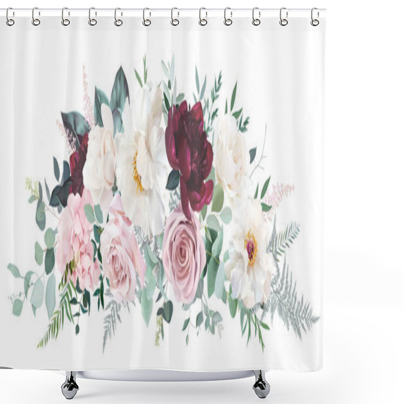 Personality  Burgundy Red Peony, White Magnolia, Dusty Pink Rose And Hydrangea, Astilbe Flower Shower Curtains