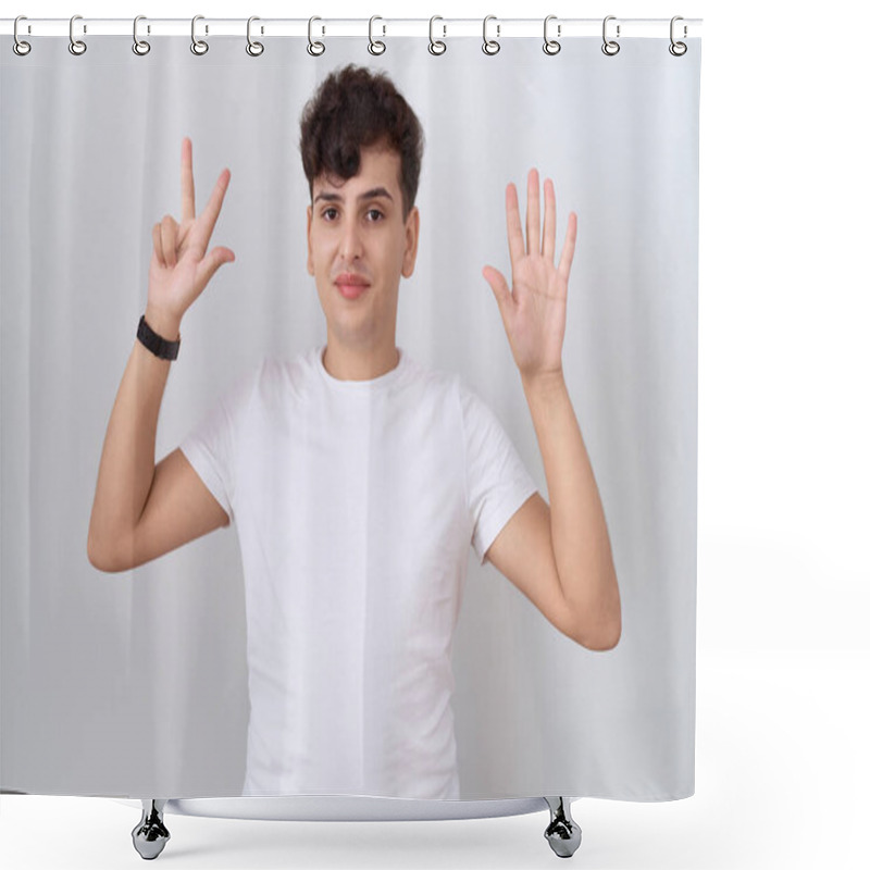 Personality  Young Non Binary Man Wearing Casual White T Shirt Showing And Pointing Up With Fingers Number Eight While Smiling Confident And Happy.  Shower Curtains