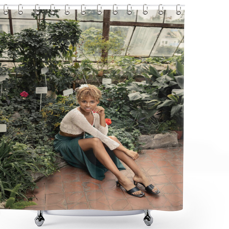 Personality  Smiling Young Woman In Summer Outfit Looking At Camera While Sitting Near Green Plants With Blooming Flowers At Background In Indoor Garden, Fashion-forward Lady In Midst Of Tropical Greenery Shower Curtains