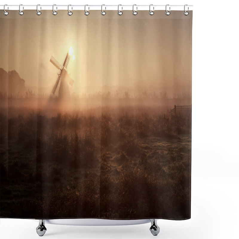 Personality  Sunshine Behind Windmill In Misty Morning Shower Curtains