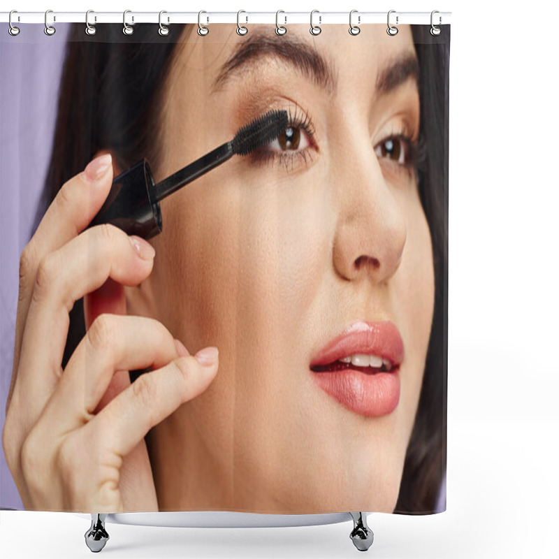 Personality  A Woman With Natural Beauty Delicately Applying Mascara To Enhance Her Features. Shower Curtains