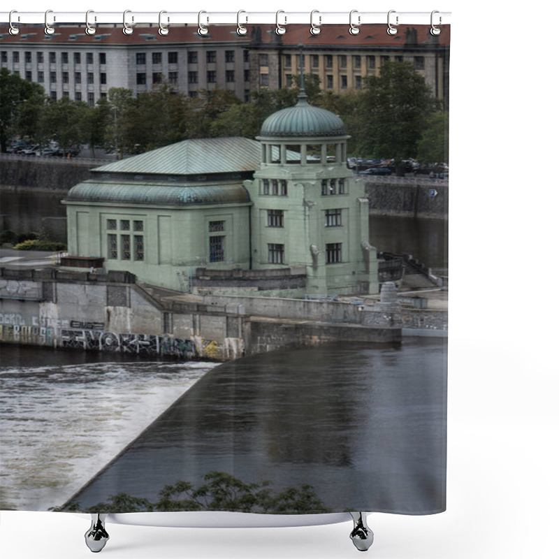 Personality  Prague, Czech Republic. October 4, 2024 - MVE Stvanice, A Hydroelectric Power Station On The Vltava River Shower Curtains