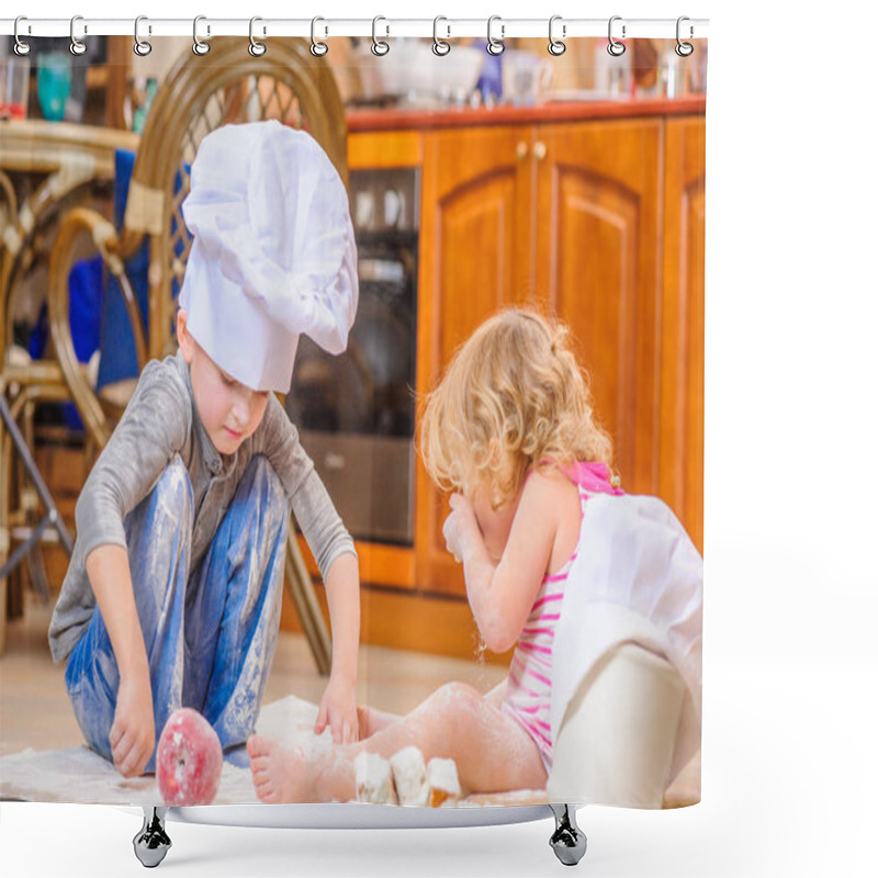 Personality  Two Siblings - Boy And Girl - In Chef's Hats Sitting On The Kitc Shower Curtains