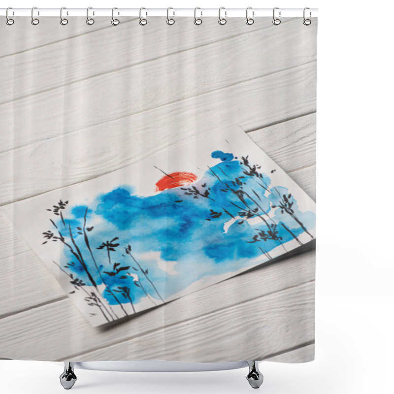 Personality  High Angle View Of Paper With Japanese Painting With Sky, Branches And Sun On Wooden Background Shower Curtains