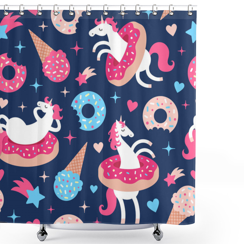 Personality  Vector Illustration Seamless Pattern With Fun Unicorns In Donuts On Dark Blue Background. Cartoon Style Cute Character Shower Curtains