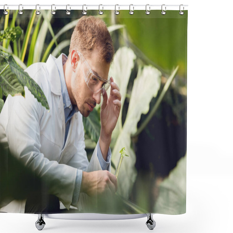 Personality  Handsome Scientist In White Coat And Goggles Taking Plant Sample In Flask In Orangery Shower Curtains