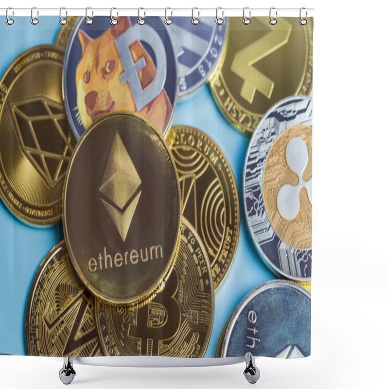 Personality  Golden Ethereum ETH Group Included With Cryptocurrency Coin Dogecoin DOGE, Bitcoin BTC, Binance Coin, Zcash TRON Symbol Virtual Blockchain Technology Future Is Money Close Up And Macro Concept. Shower Curtains