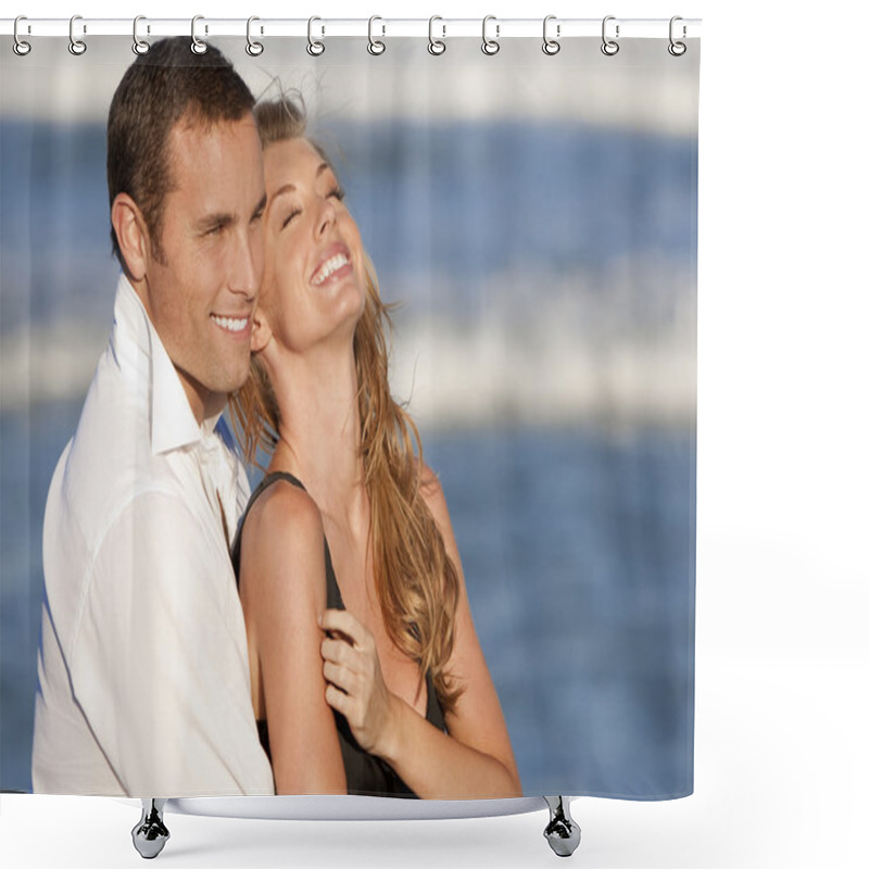 Personality  Man And Woman Couple Laughing In Romantic Embrace On Beach Shower Curtains