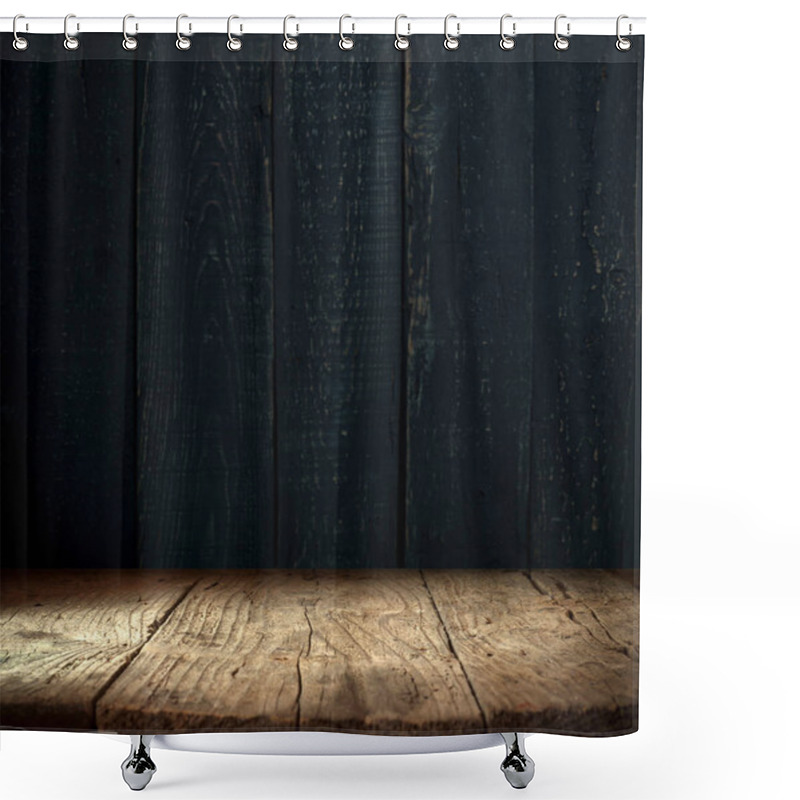 Personality  Old Wood Table Top With Smoke In The Dark Background. Shower Curtains