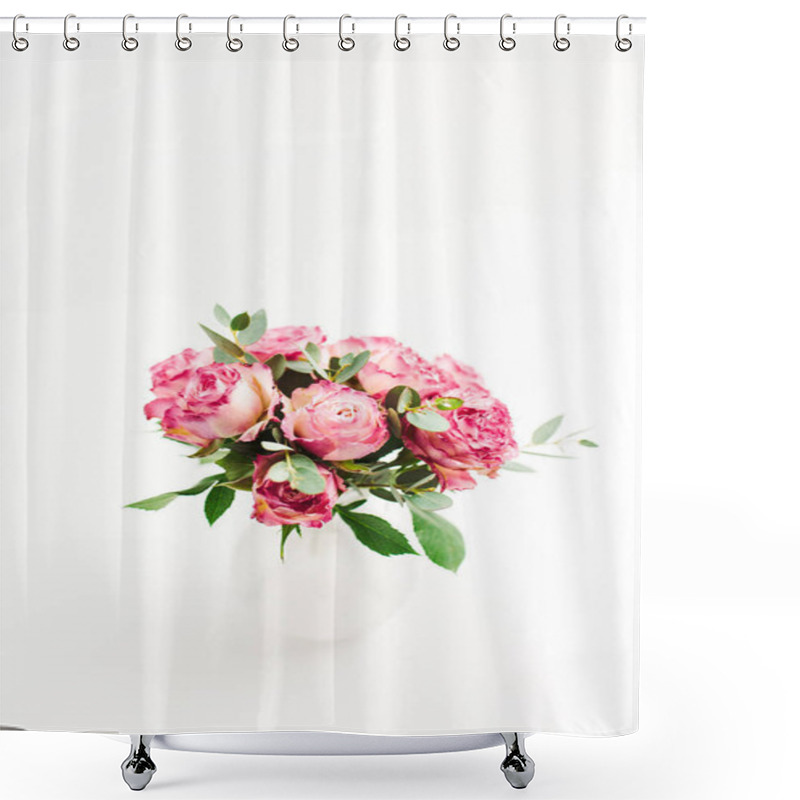 Personality  Pink Rose Flowers Bouquet On White Background. Minimal Festive Flower Concept. Shower Curtains