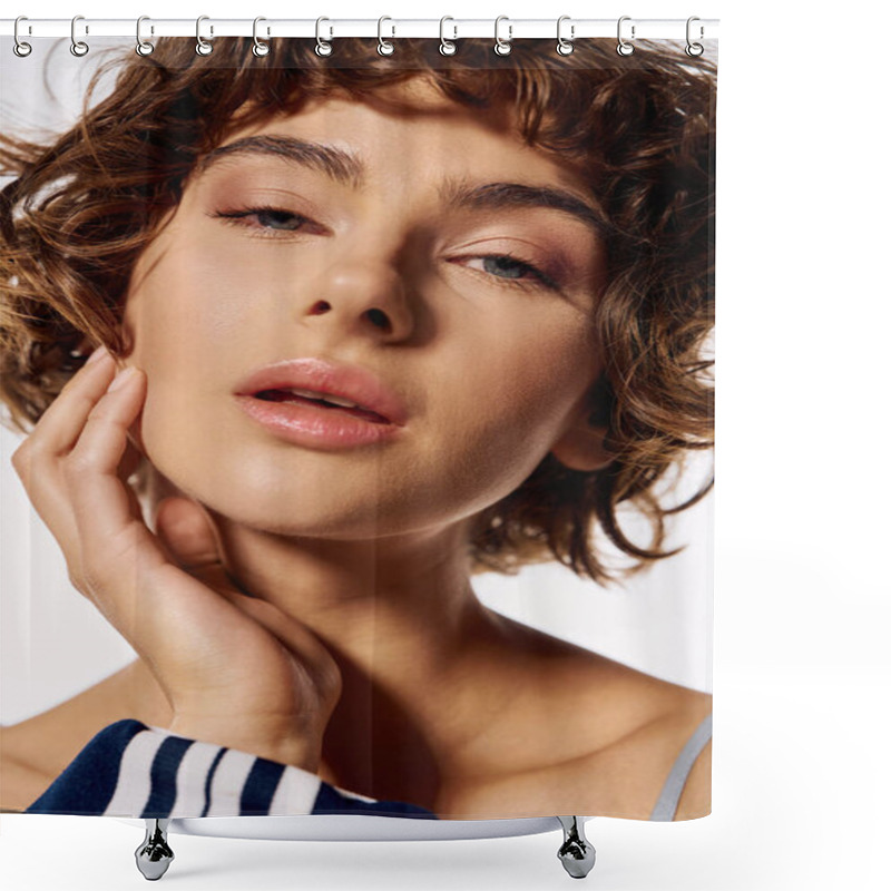 Personality  A Young Woman With Beautiful Curls Gently Touches Her Face, Showcasing Strong Emotions. Shower Curtains