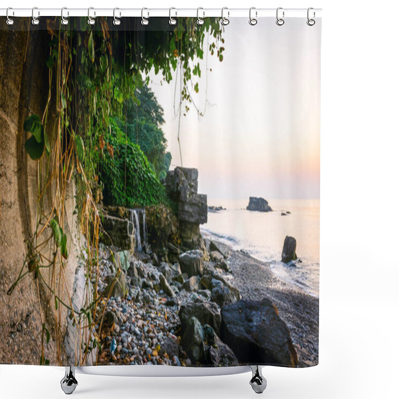 Personality  Rocky Tsikhisdziri Beach Landscape With Calm Sea During Blue Hour And Green Nature And Rocky Ruins Blocks Nearby. Hidden Gems And Secret Places In Republic F Georgia. Shower Curtains