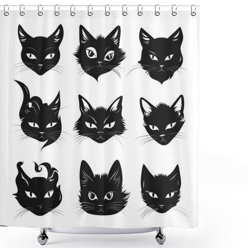 Personality  A Grid Of Nine Distinct And Expressive Black Cat Faces, Showcasing Various Emotions And Features. Shower Curtains