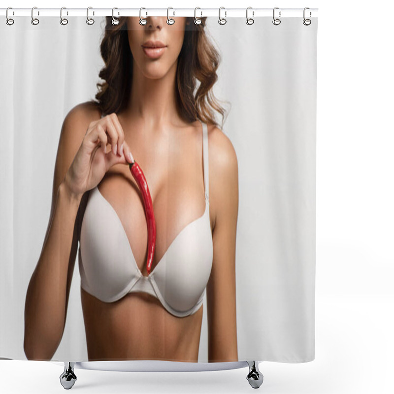 Personality  Partial View Of Sexy Girl Holding Red Hot Chili Pepper Near Big Breasts Isolated On White Shower Curtains