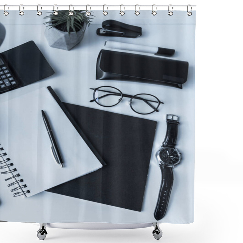 Personality  Overhead View Of Notebook And Pen With Watch On Working Table Shower Curtains