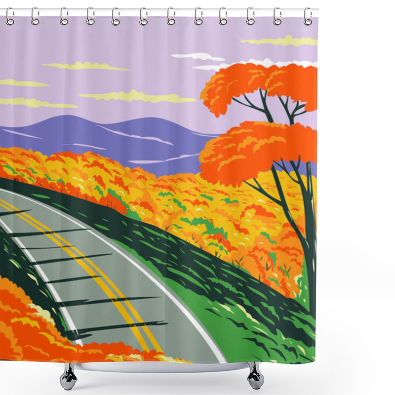 Personality  WPA Poster Art Of Skyline Drive At The Shenandoah National Park With The Blue Ridge Mountains During Fall In Virginia, United States Done In Works Project Administration Or Federal Art Project Style. Shower Curtains