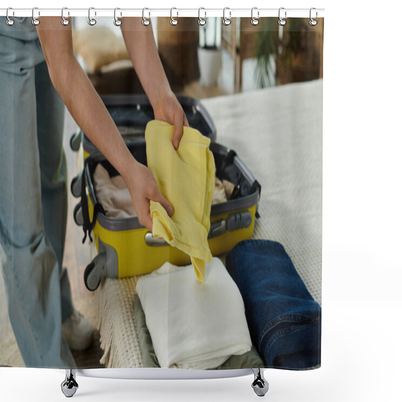 Personality  Young Woman Meticulously Packing Suitcase, Preparing For A Vacation And Trip. Shower Curtains