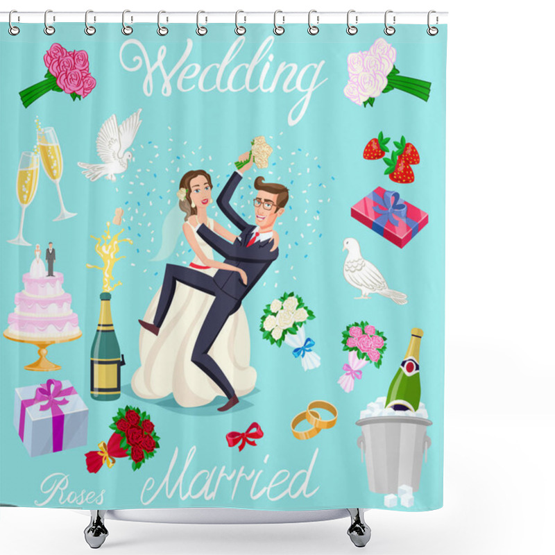 Personality  Set Vector Wedding Just Married Couple With Hearts Avatars Characters. Roses Flowers Champagne Cake Newlyweds Pigeons Gifts Rings Strawberry Bow Ice Bubbles Art Shower Curtains