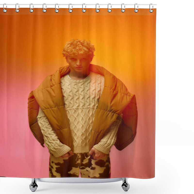 Personality  A Stylish Young Man Confidently Sports A Chunky Sweater And Bold Puffer Jacket, Against A Vibrant Orange And Pink Backdrop, Capturing The Holiday Spirit For Christmas 2025. Shower Curtains