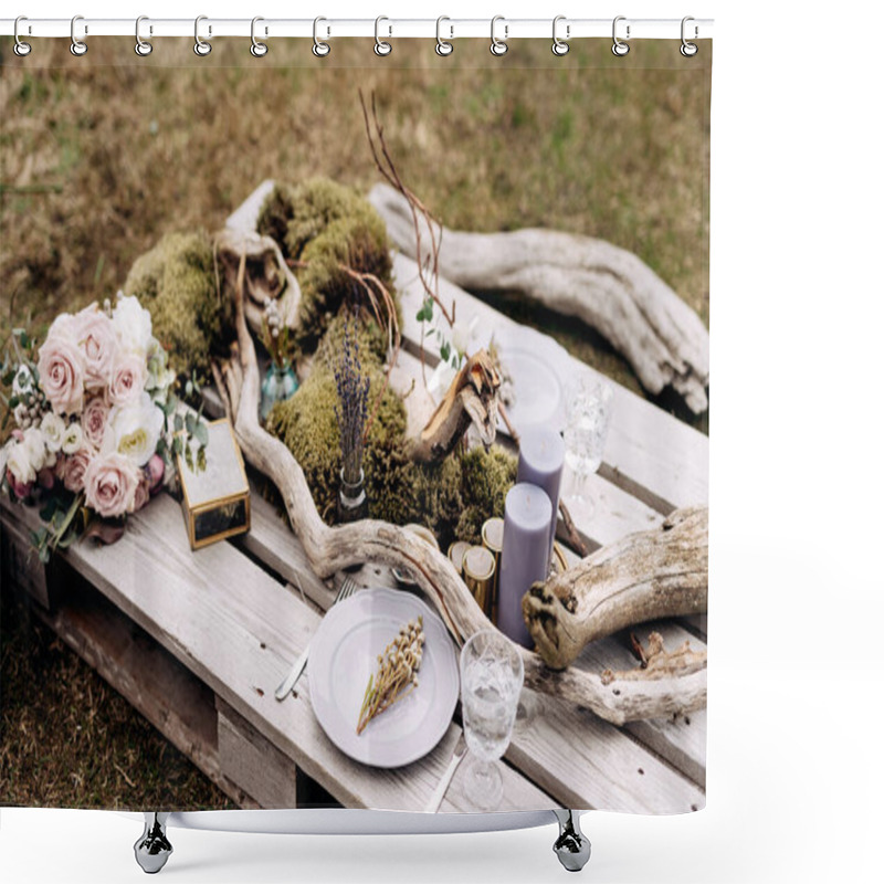 Personality  Wedding Dinner Table Reception. An Impromptu Table For Two Of The Construction Pallet On Grey Grass In Iceland. Light Purple Plate, Snags, Moss, Purple Candles, Lavender, Bouquet Of Flowers. Top View Shower Curtains