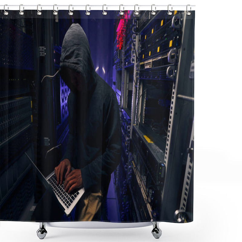 Personality  Focused Hacker Typing On Laptop In Server Room Shower Curtains