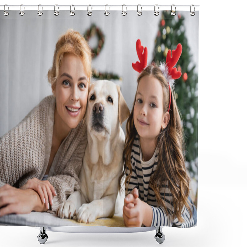 Personality  Positive Mom And Daughter With Christmas Headband Looking At Camera Near Labrador On Floor At Home  Shower Curtains