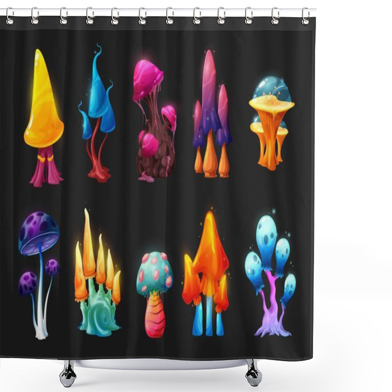 Personality  Magic And Fairy Mushrooms, Vector Fantasy Game Asset. UI Or GUI Design. Alien Planet Fairytale Forest Or Fantastic Isolated Fungus Plants, Neon Glowing Mushrooms With Bright Caps And Stalks Shower Curtains