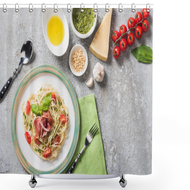 Personality  Top View Of Cooked Pappardelle With Tomatoes, Basil And Prosciutto Near Ingredients And Cutlery On Grey Surface Shower Curtains