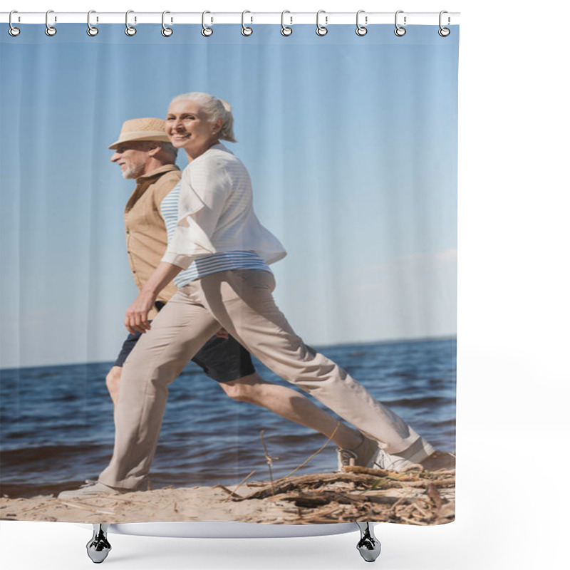 Personality  Senior Couple Walking On Beach  Shower Curtains