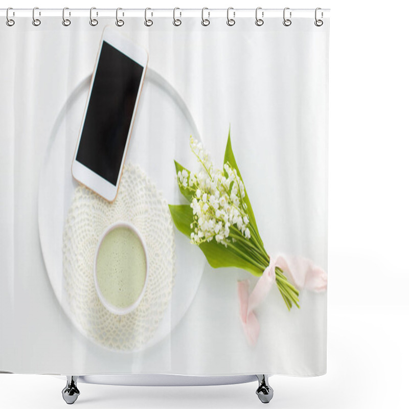 Personality  Matcha Tea In A Ceramic Cup On A White Round Plate With A Knitted Napkin And A Bouquet Of Lilies Of The Valley And A Telephone, Flat Lay Shower Curtains