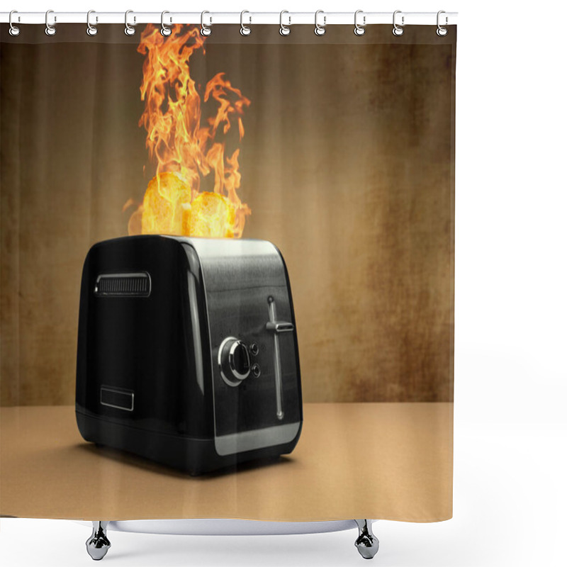 Personality  Burning Black Silver Toaster With Big Burning Flames On Top With Baked Ready Toast On A Brown Table With Brown Structured Background Neutral Silver Colors Shower Curtains