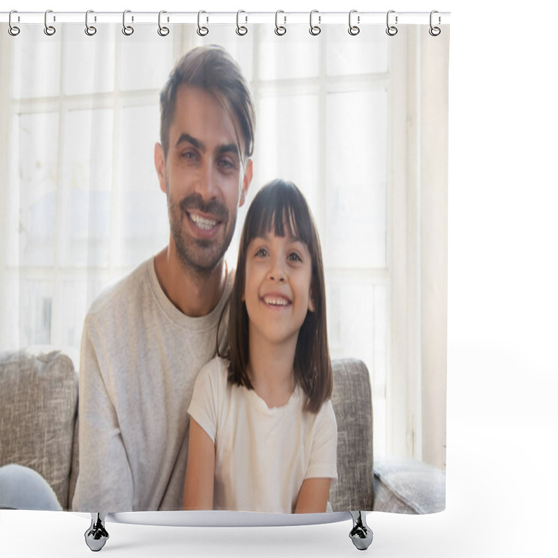 Personality  Father And Daughter Talking With Friends Or Relatives Using Webcam Shower Curtains