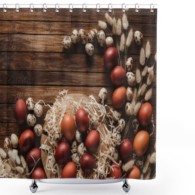 Personality  Flat Lay With Easter Eggs On Cross Section Of Tree Trunk On Wood Background With Ears Shower Curtains