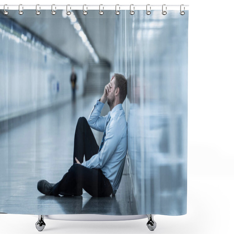 Personality  Young Jobless Business Man Suffering Depression Sitting On Ground Street Underground Leaning On Wall Alone Looking Desperate In Emotional Pain Mental Health Unemployment And Human Emotions Concept. Shower Curtains