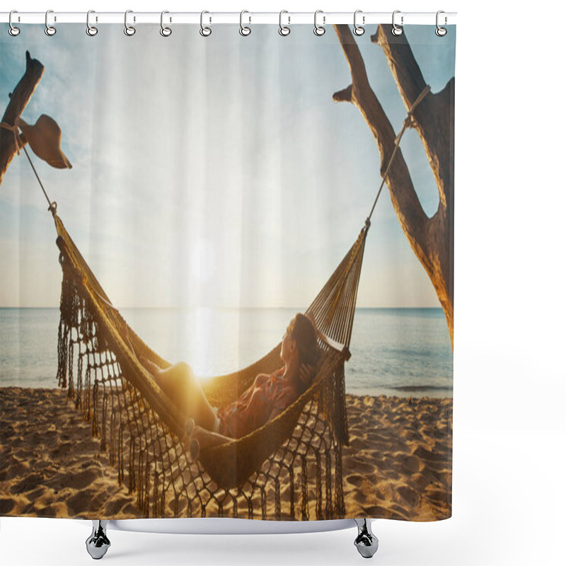 Personality  Vacation Beach Summer Holiday Concept. Young Woman Relaxing In Hammock At Sunset, Island Phu Quoc, Vietnam Shower Curtains