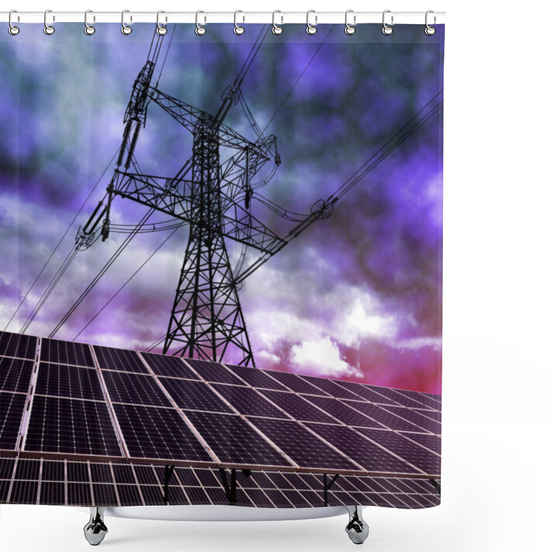 Personality  Solar Energy Panels And Electricity Pylon Against Storm Clouds. Shower Curtains