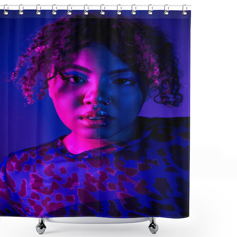 Personality  African American Woman With Curly Hair In Leopard Print Shirt Posing On Vibrant Backdrop. Shower Curtains