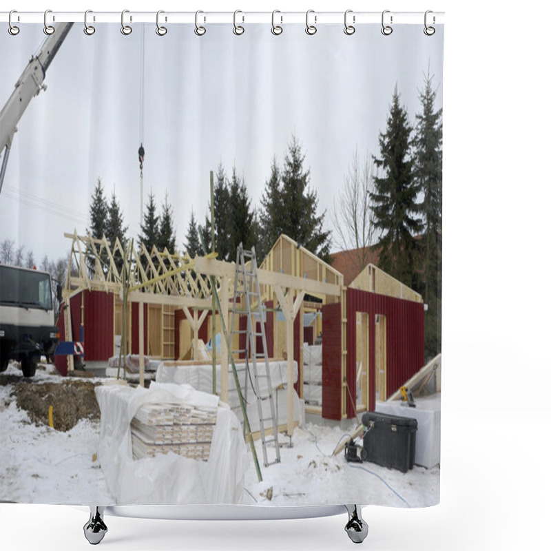 Personality  Wooden House Construction At Winter Time Shower Curtains