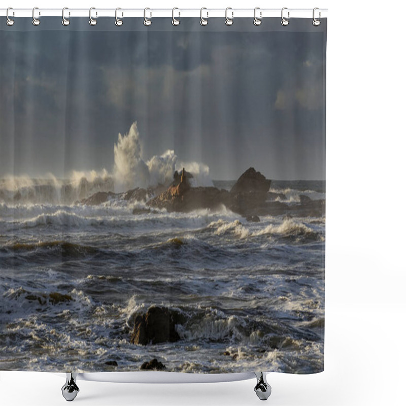 Personality  Stormy Seascape. Northern Portuguese Coast During Winter. Shower Curtains