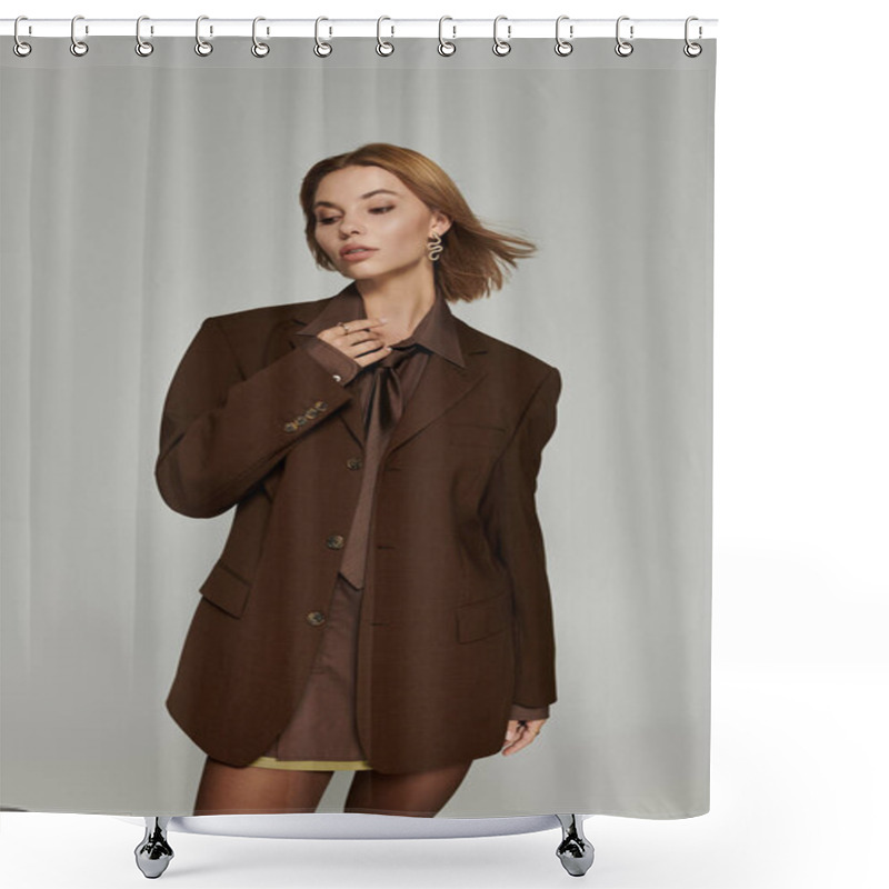 Personality  Stylish Blonde Woman In Brown Warm Clothing Posing Actively. Shower Curtains